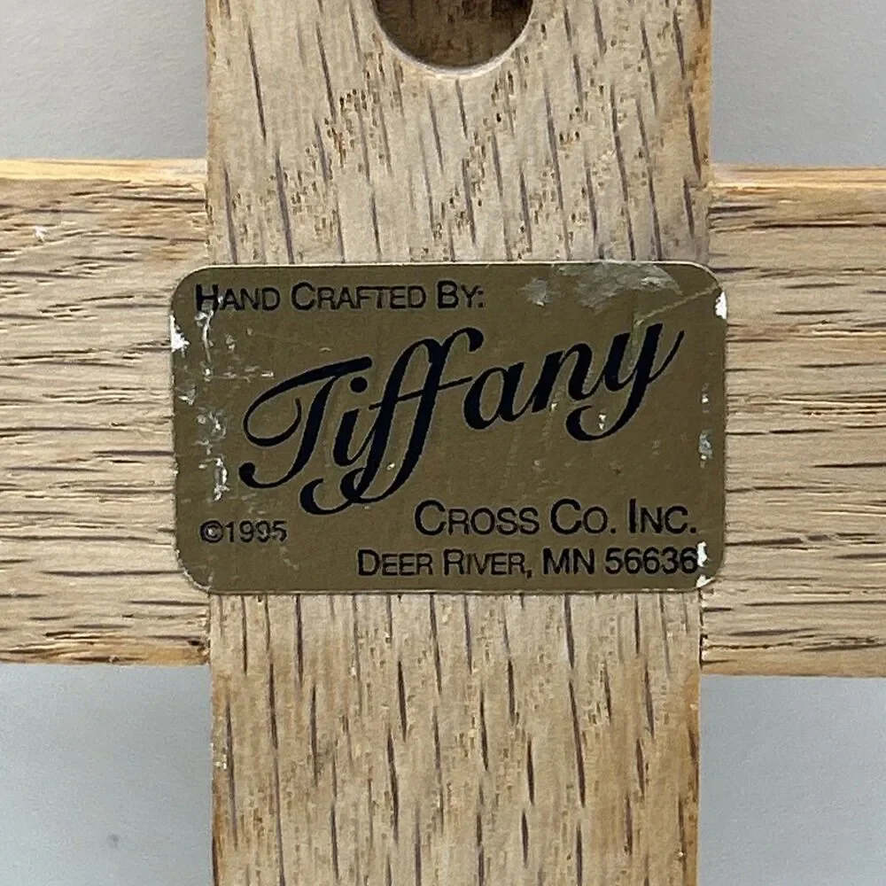 Vintage 1995 Tiffany Cross Co. Handcrafted Red‎ Oak Wall Crucifix W/ Jesus INRI